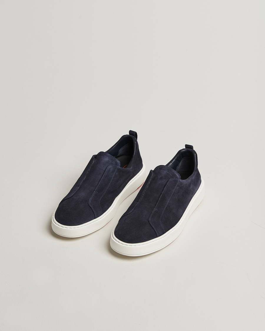 Santoni Cleanic No Lace Sneakers Navy Suede at CareOfCarl.com