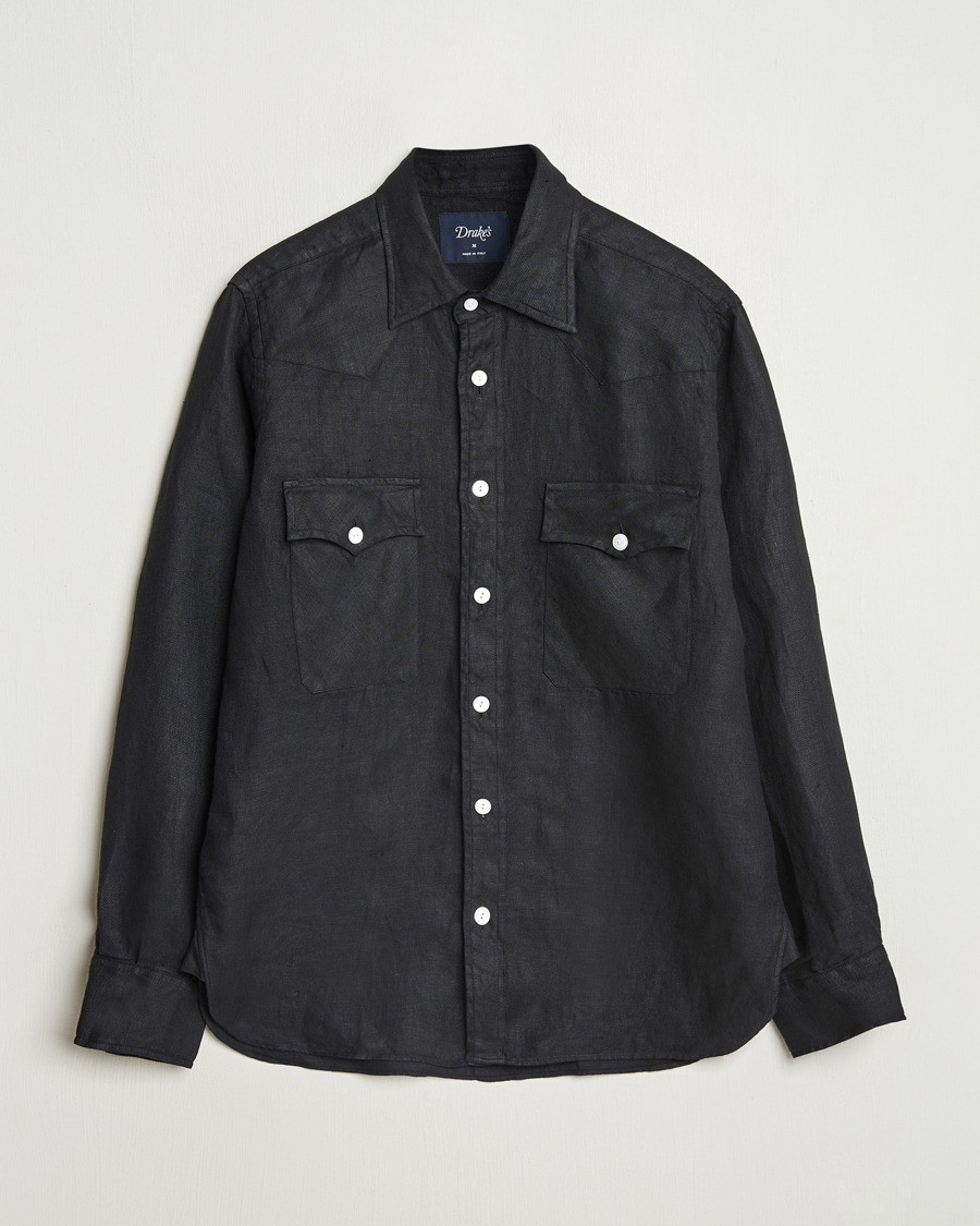 Men | Shirts | Drake's | Linen Twill Western Shirt Black