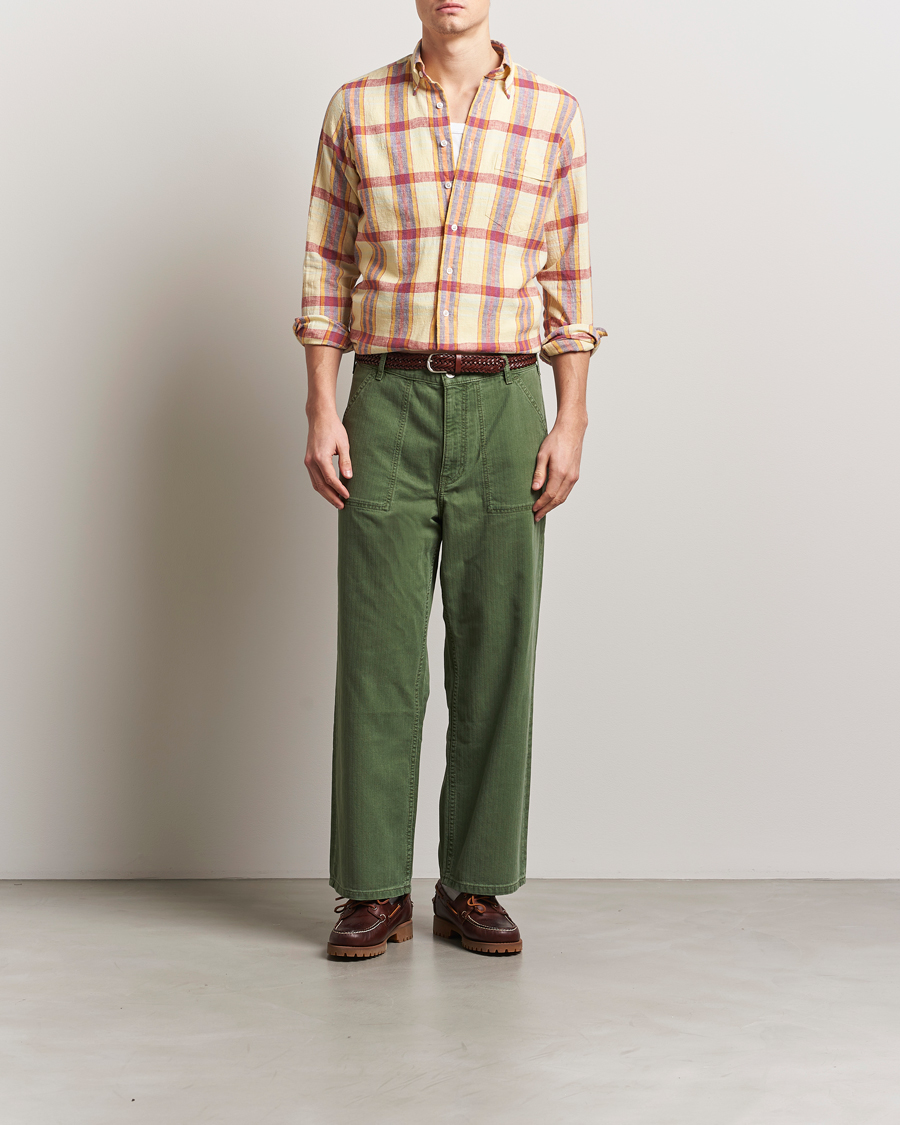 Drake's Madras Cotton/Linen Button Down Shirt Yellow/Red/Navy at