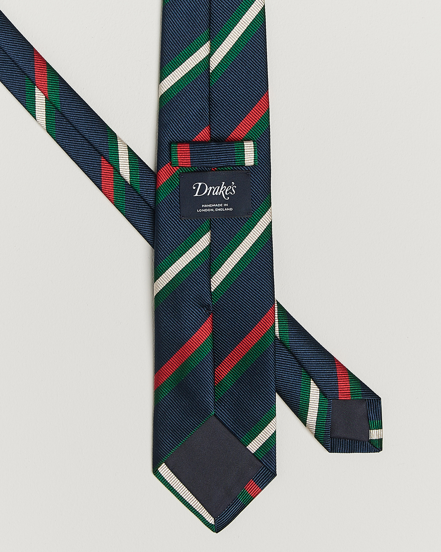 Men | Drake's Classic Reppe Stripe Silk Tie Navy/Red/Green/White | Drake's | Classic Reppe Stripe Silk Tie Navy/Red/Green/White
