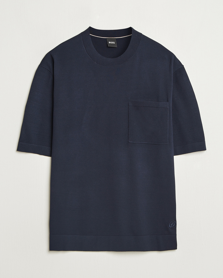 Men | T-Shirts | BOSS BLACK | Jervaiso Cotton/Silk Knitted T-Shirt Dark Blue