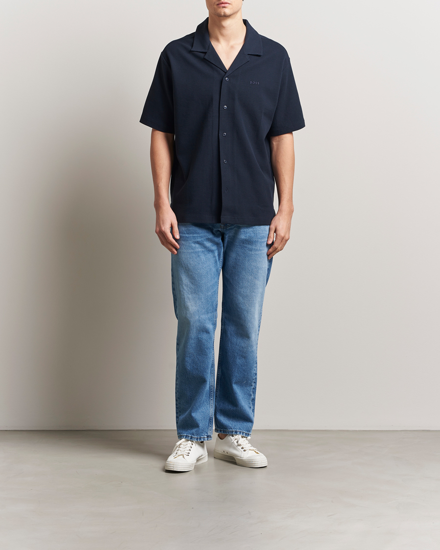 Men | Shirts | BOSS ORANGE | Waffle Short Sleeve Shirt Dark Blue