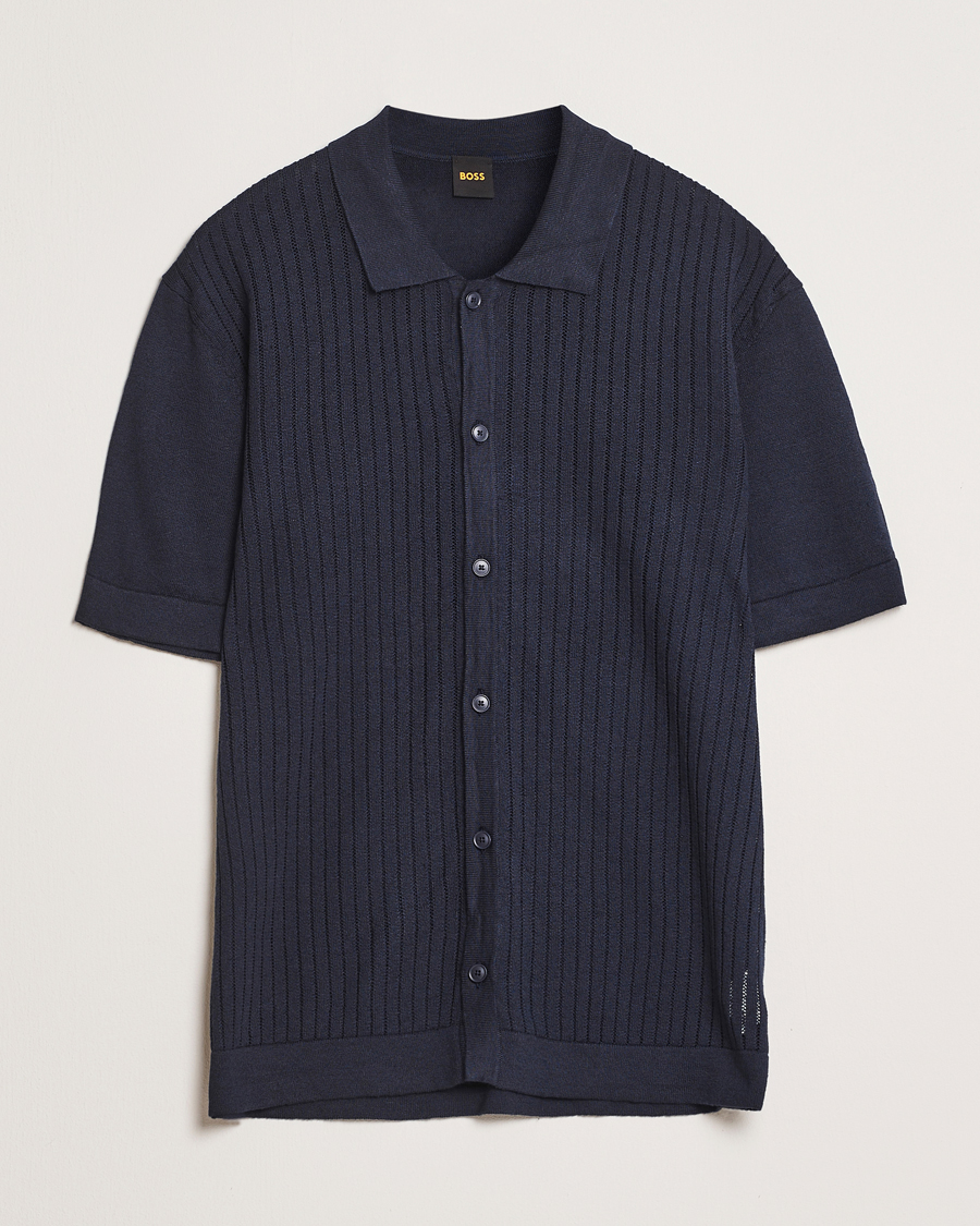 Men | Shirts | BOSS ORANGE | Kamicino Knitted Short Sleeve Shirt Dark Blue