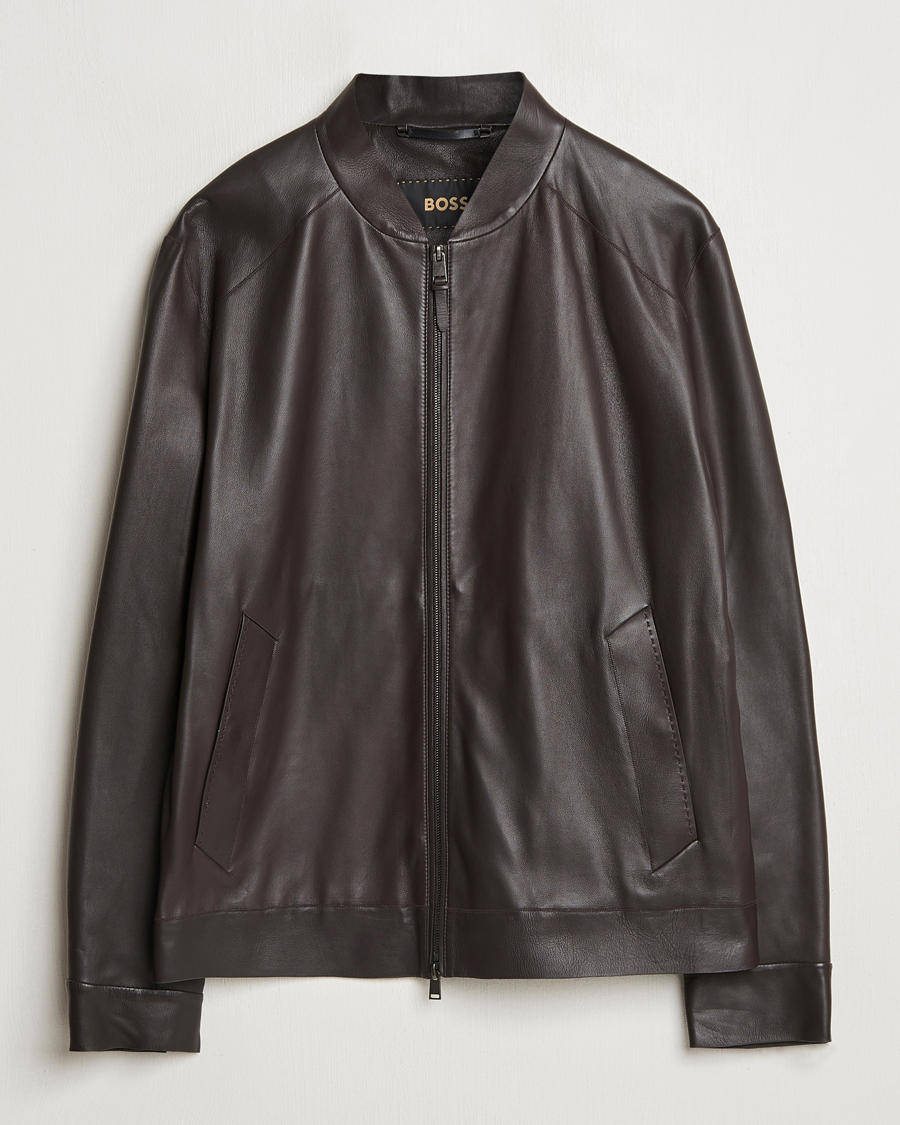 BOSS CAMEL Maiverse Leather Jacket Dark Brown at CareOfCarl.com