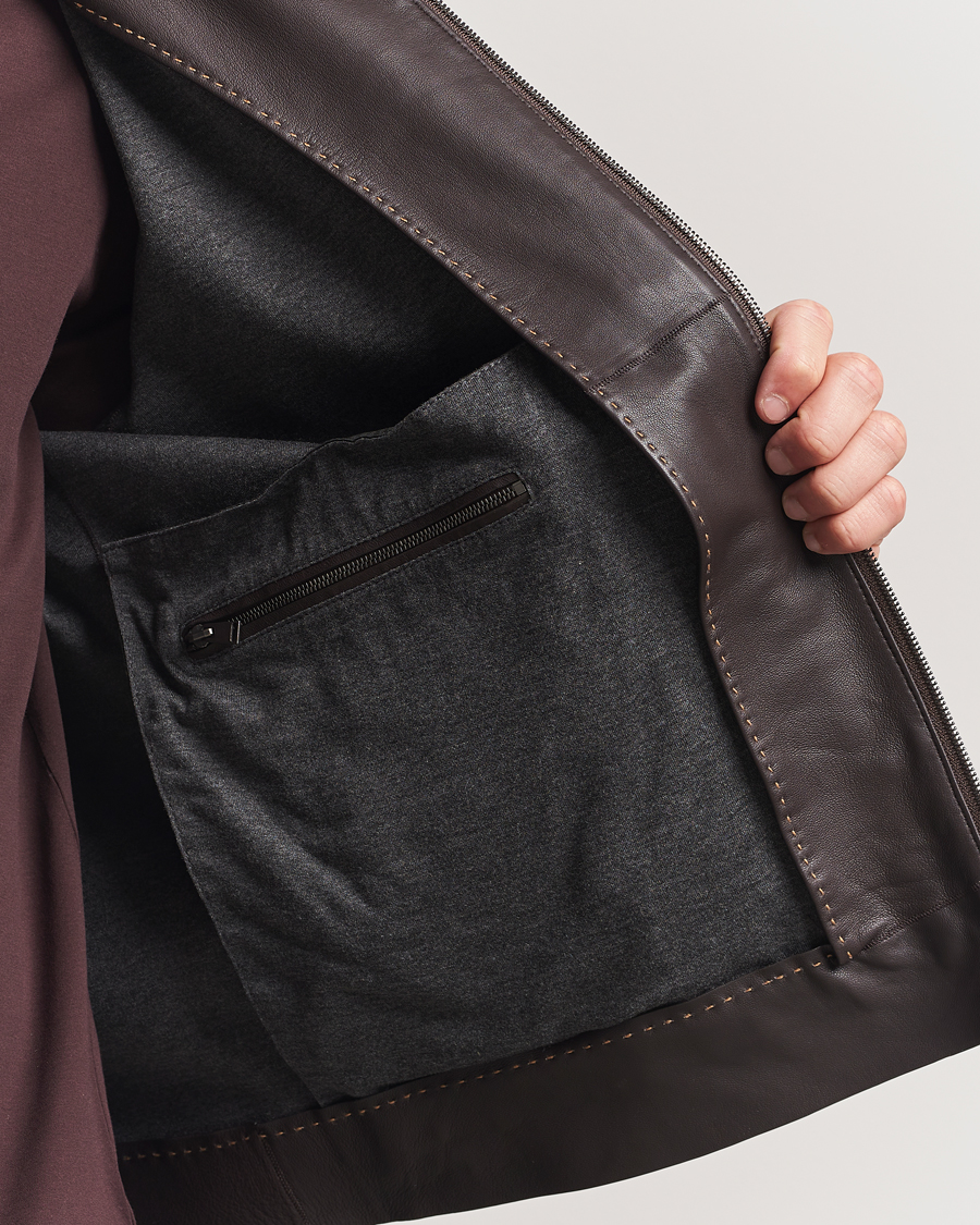 BOSS CAMEL Maiverse Leather Jacket Dark Brown at CareOfCarl.com