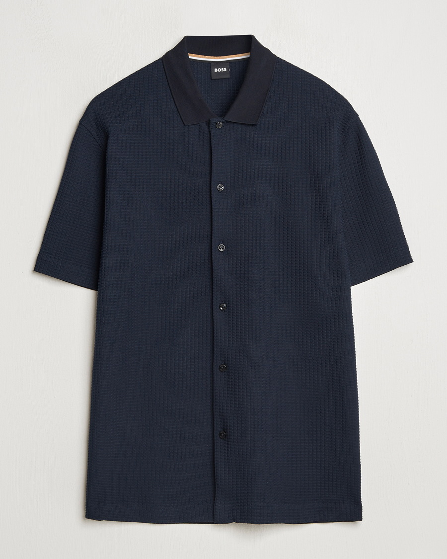 Men | Shirts | BOSS BLACK | Palladio Knitted Short Sleeve Shirt Dark Blue
