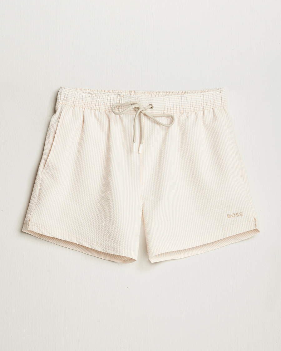 Men | Swimwear | BOSS BLACK | Velvetfish Seersucker Swimshorts Open White