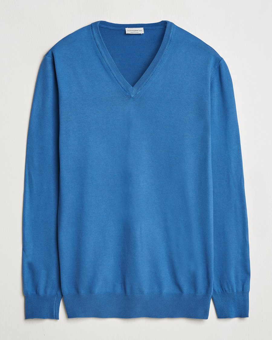 Men | Sweaters & Knitwear | Morgano | Supersoft Egyptian Cotton V-Neck Mid Blue