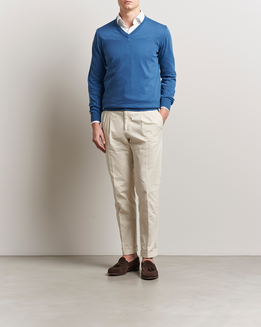 Men | Sweaters & Knitwear | Morgano | Supersoft Egyptian Cotton V-Neck Mid Blue