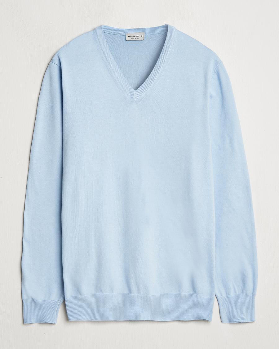 Men | Sweaters & Knitwear | Morgano | Supersoft Egyptian Cotton V-Neck Light Blue