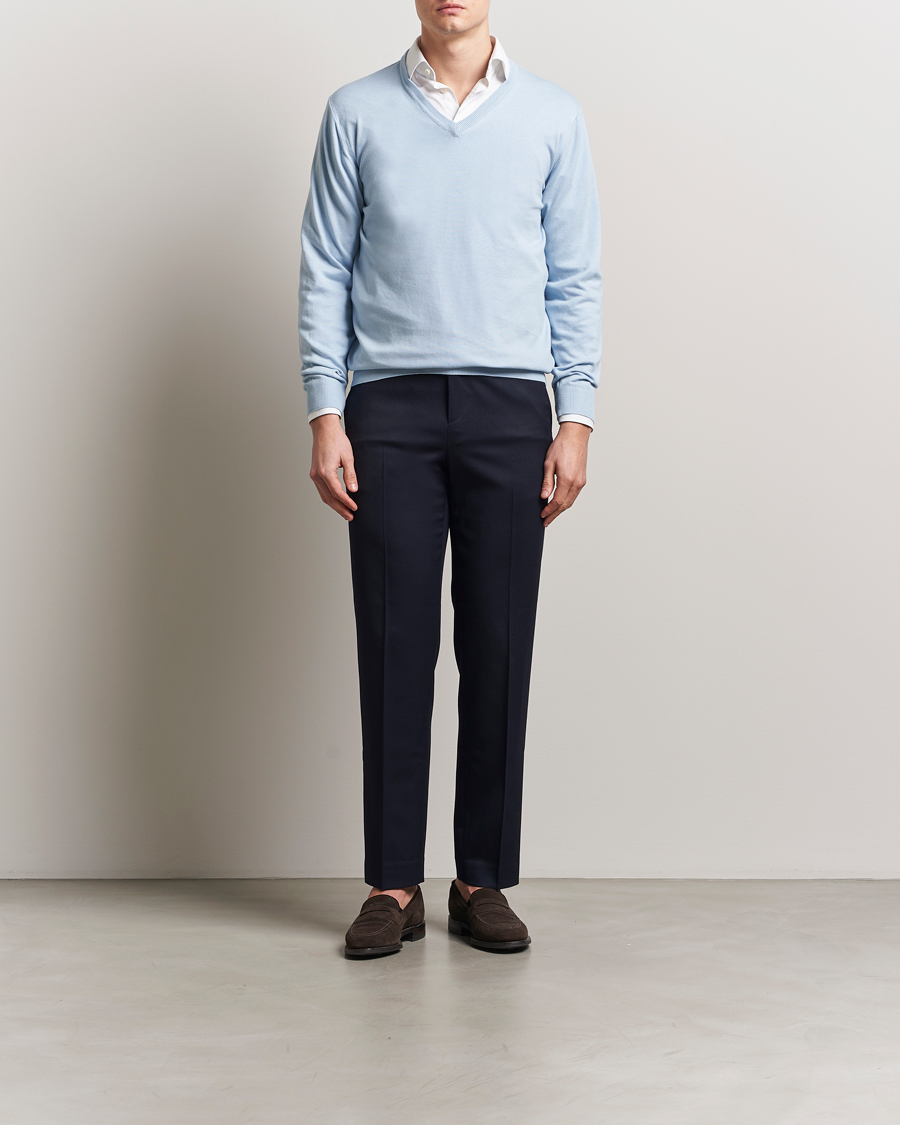 Men | Sweaters & Knitwear | Morgano | Supersoft Egyptian Cotton V-Neck Light Blue