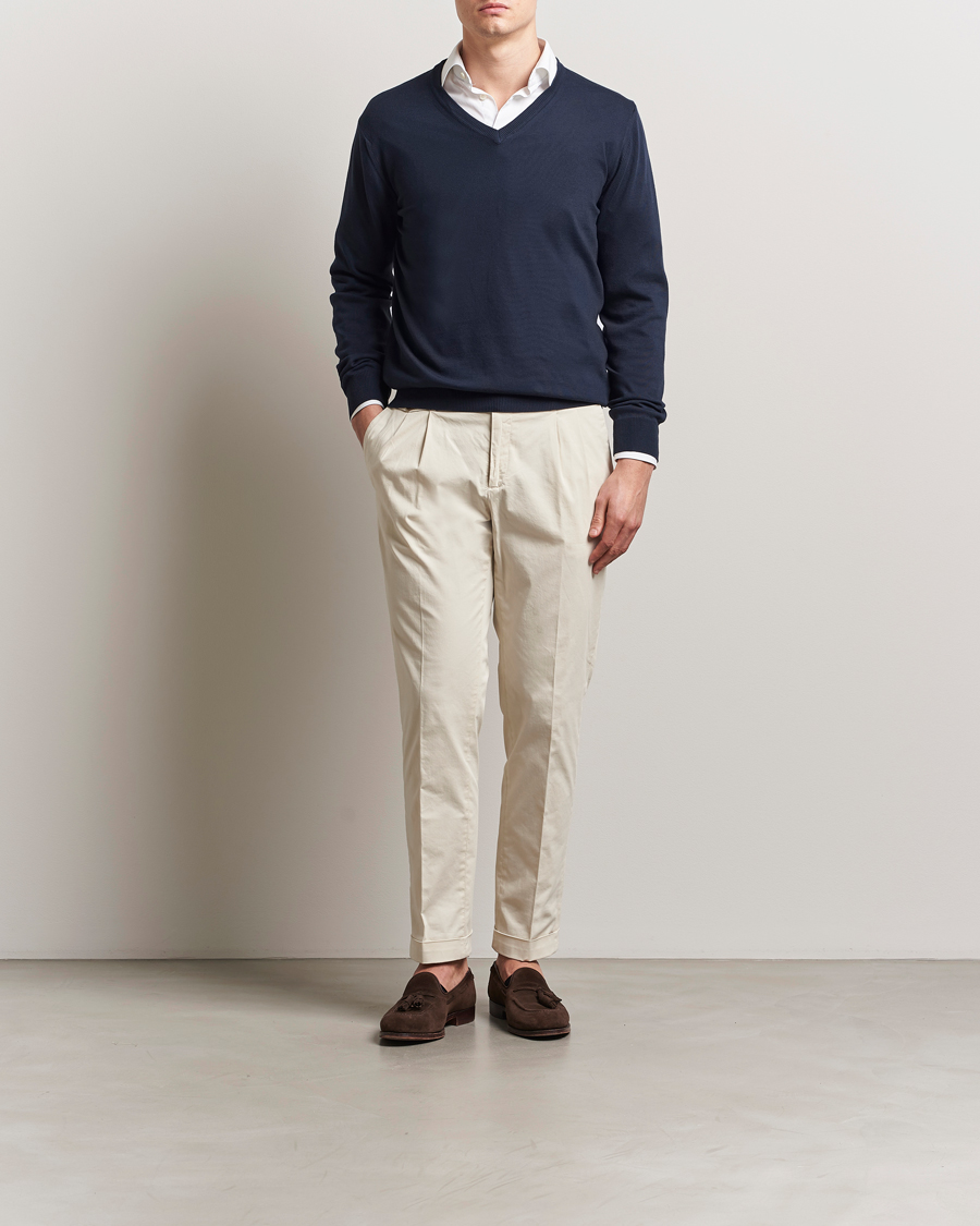 Men | Sweaters & Knitwear | Morgano | Supersoft Egyptian Cotton V-Neck Navy