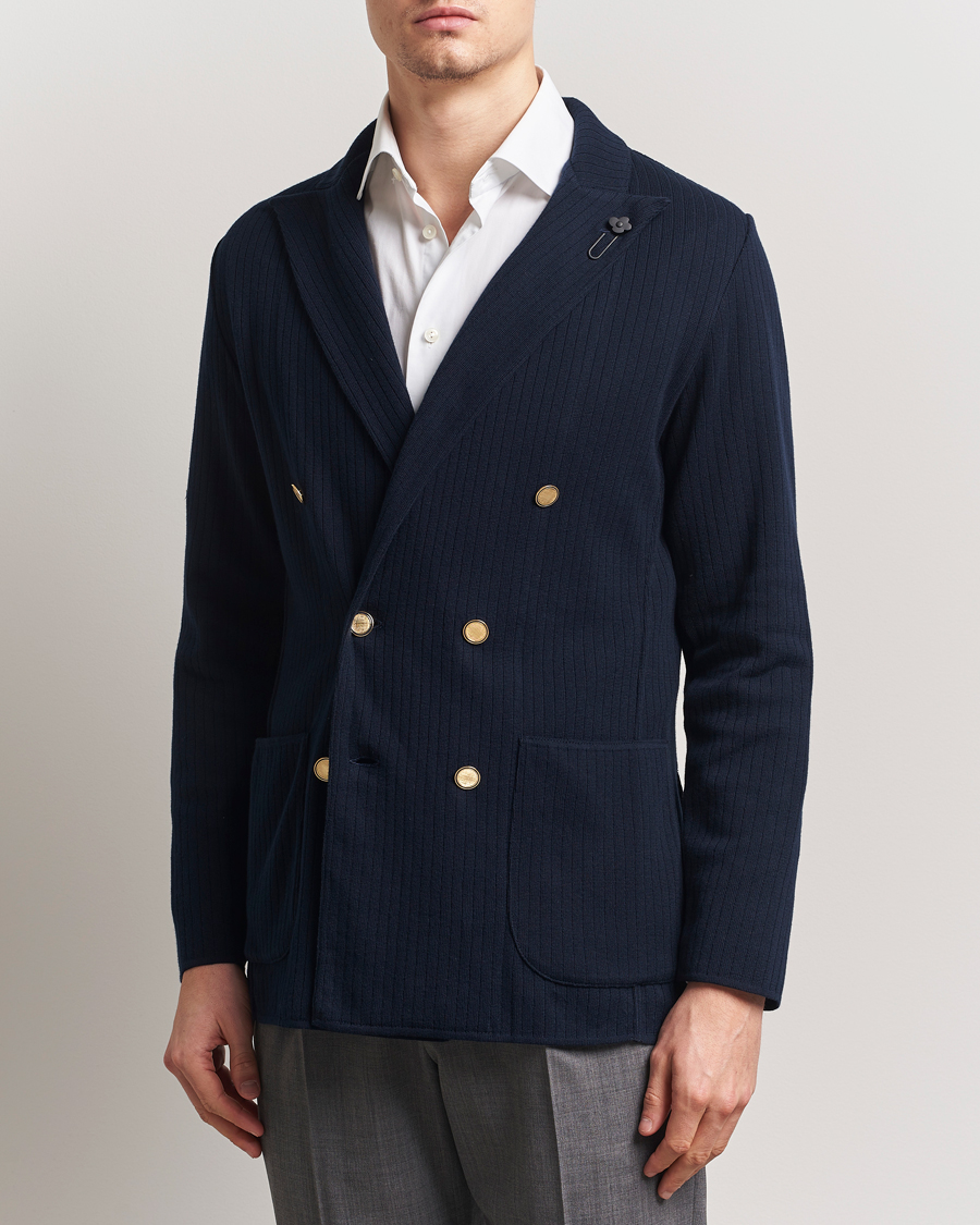 Lardini Double Breasted Knitted Cotton Blazer Navy at CareOfCarl.com