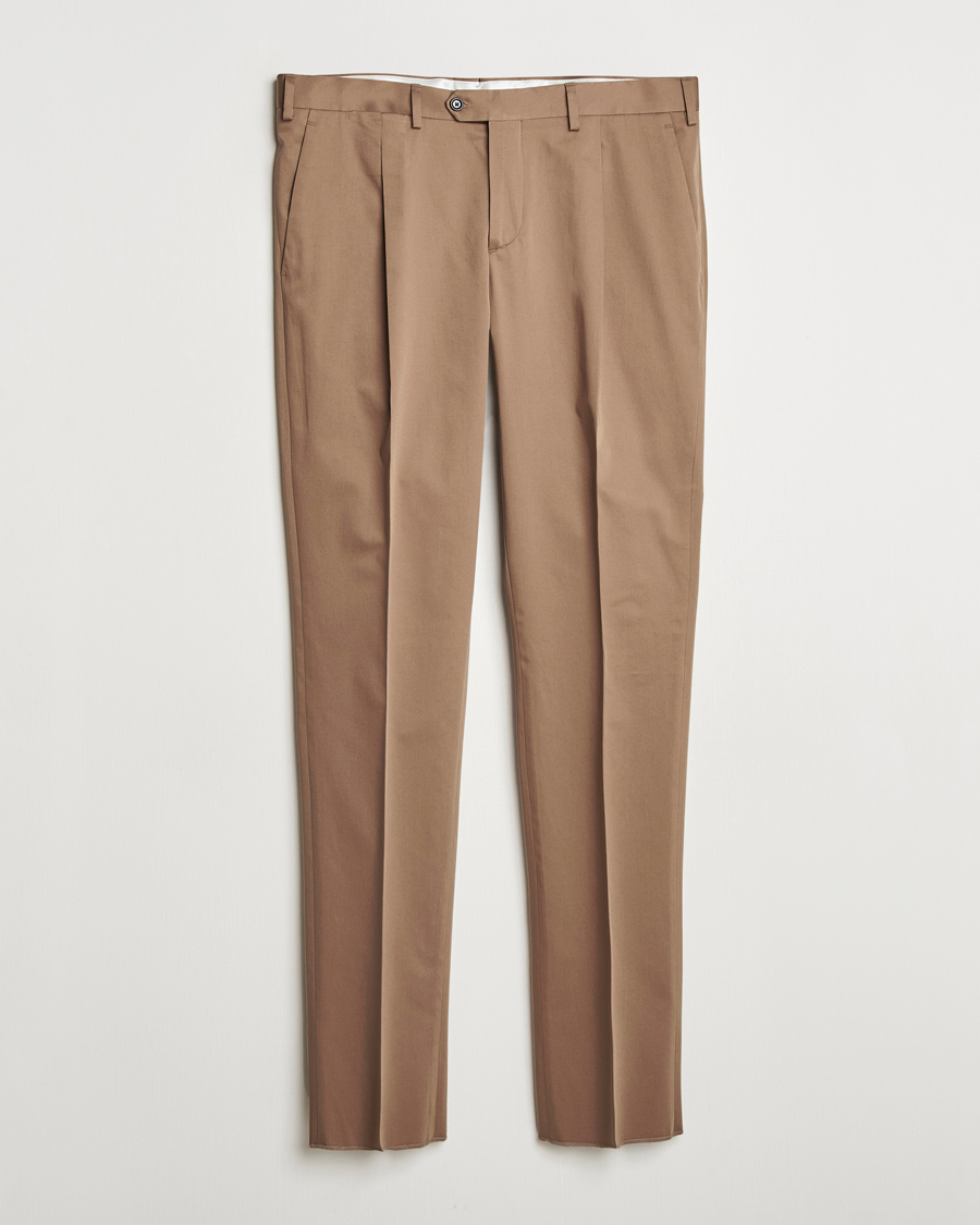 Men | Trousers | Lardini | Pleated Cotton Stretch Trousers Light Brown