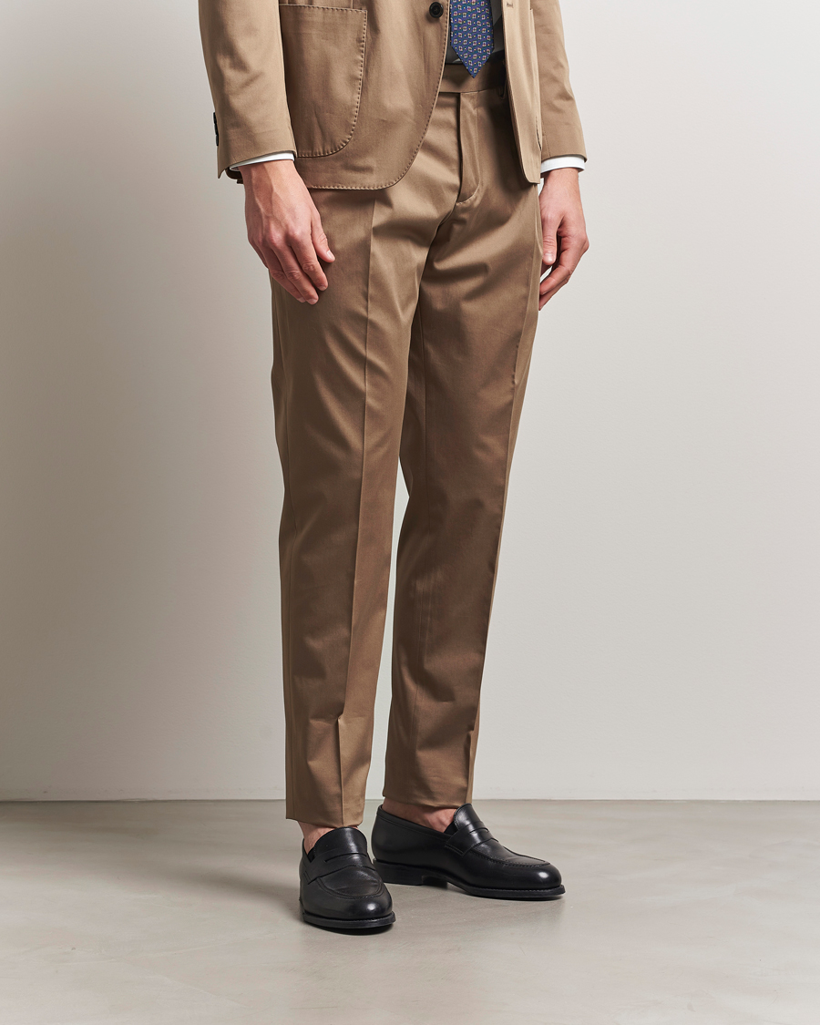 Men | Trousers | Lardini | Pleated Cotton Stretch Trousers Light Brown