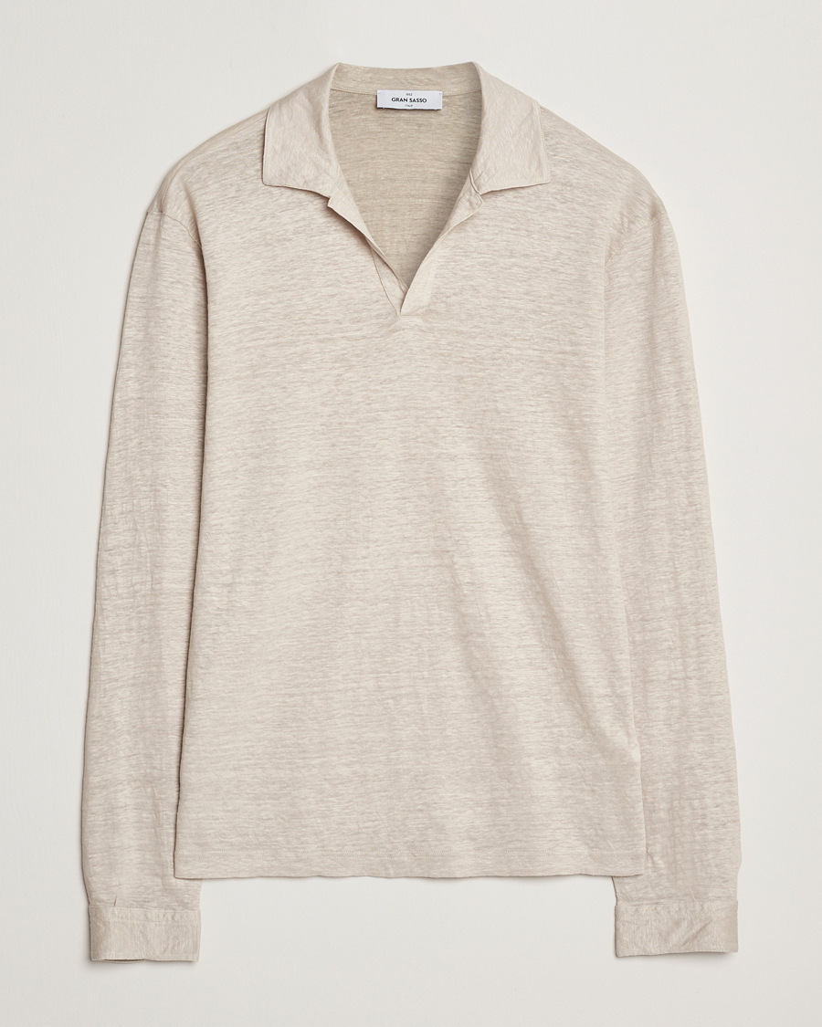 Men | Polo Shirts | Gran Sasso | Washed Linen Long Sleeve Polo Beige Melange