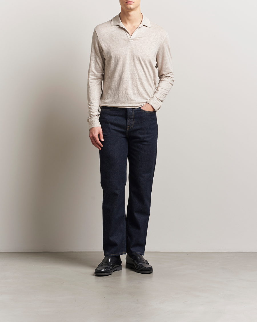 Men | Polo Shirts | Gran Sasso | Washed Linen Long Sleeve Polo Beige Melange