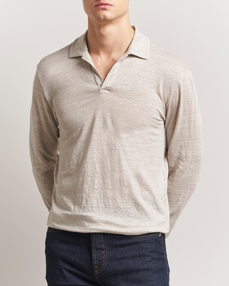 Men | Polo Shirts | Gran Sasso | Washed Linen Long Sleeve Polo Beige Melange