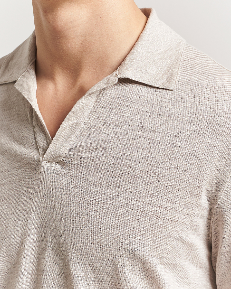 Men | Polo Shirts | Gran Sasso | Washed Linen Long Sleeve Polo Beige Melange