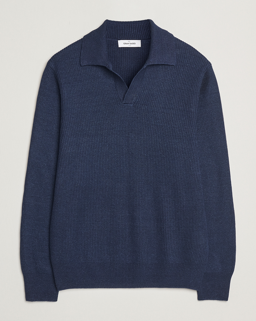 Men | Sweaters & Knitwear | Gran Sasso | Linen/Cotton Open Collar Knitted Polo Navy Melange