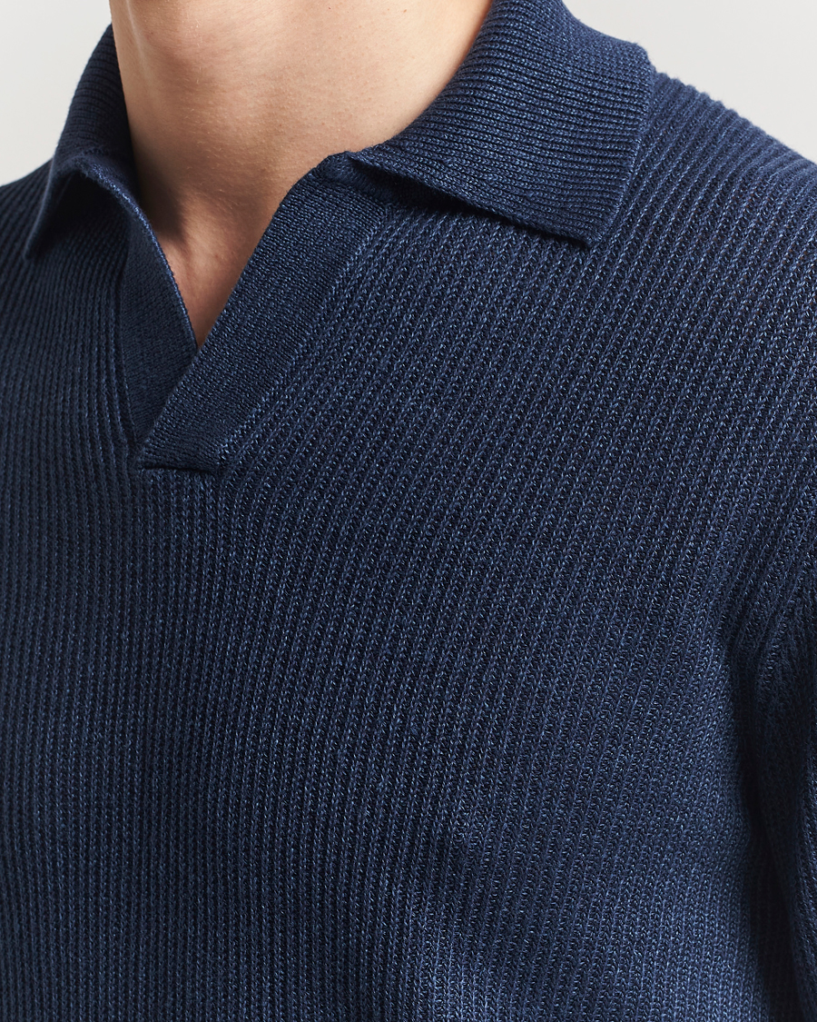 Men | Sweaters & Knitwear | Gran Sasso | Linen/Cotton Open Collar Knitted Polo Navy Melange