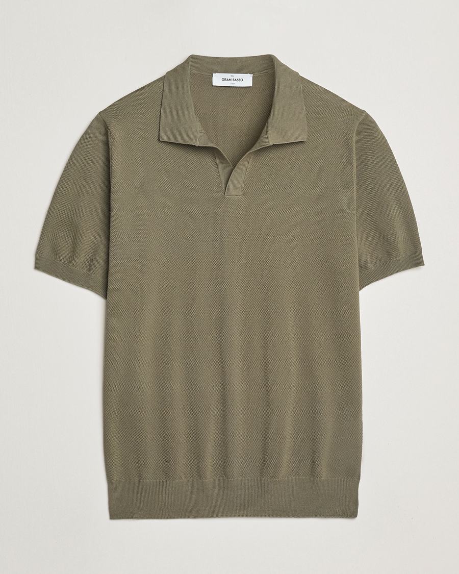 Gran Sasso Cotton Structured Knitted Open Collar Polo Olive at