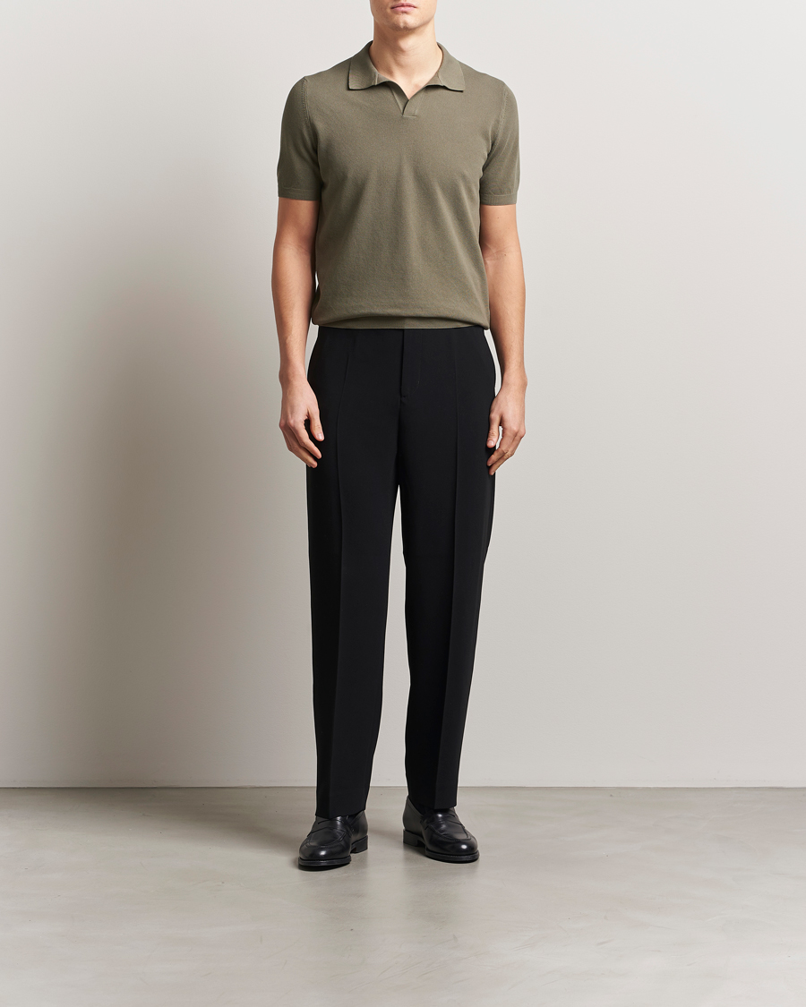 Gran Sasso Cotton Structured Knitted Open Collar Polo Olive at