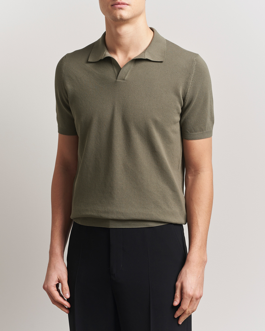 Gran Sasso Cotton Structured Knitted Open Collar Polo Olive at