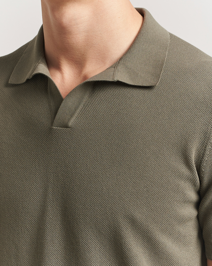 Gran Sasso Cotton Structured Knitted Open Collar Polo Olive at