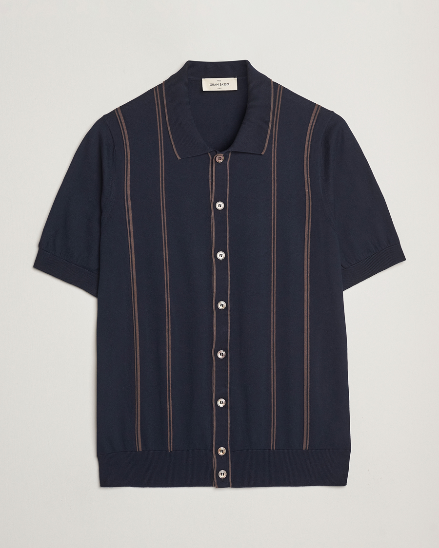 Men | Shirts | Gran Sasso | Cotton Knitted Striped Short Sleeve Shirt Navy