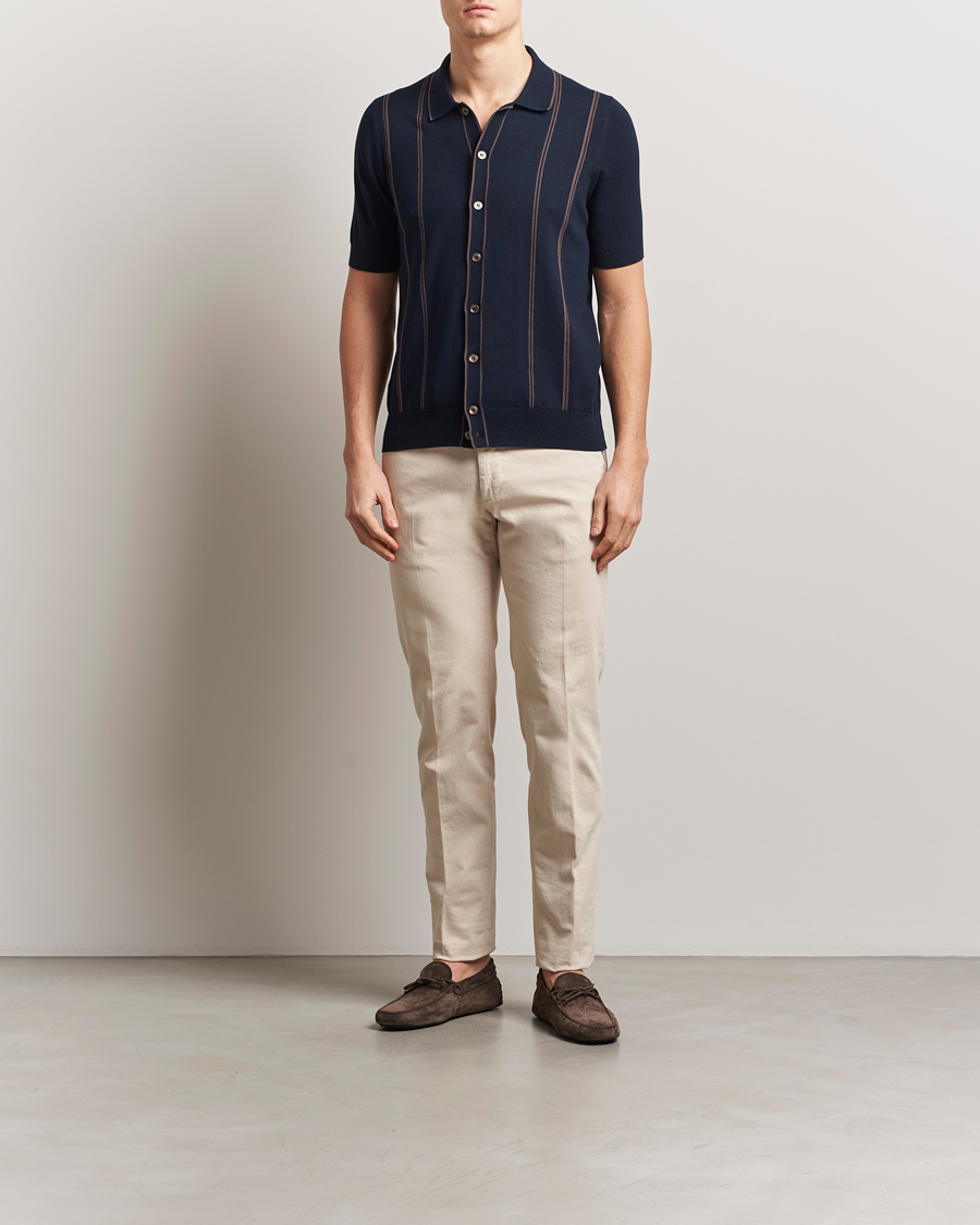 Men | Shirts | Gran Sasso | Cotton Knitted Striped Short Sleeve Shirt Navy