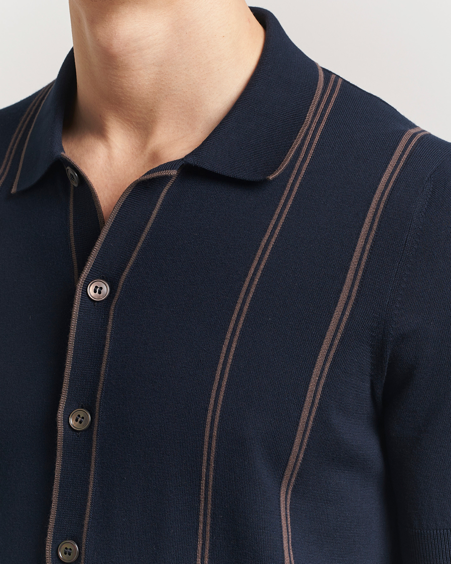 Men | Shirts | Gran Sasso | Cotton Knitted Striped Short Sleeve Shirt Navy