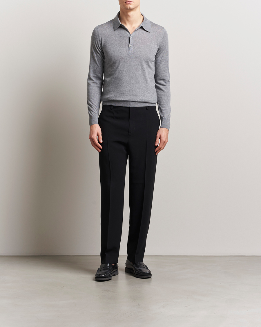 Men | Sweaters & Knitwear | Piacenza Cashmere | Merino Wool Long Sleeve Polo Light Grey