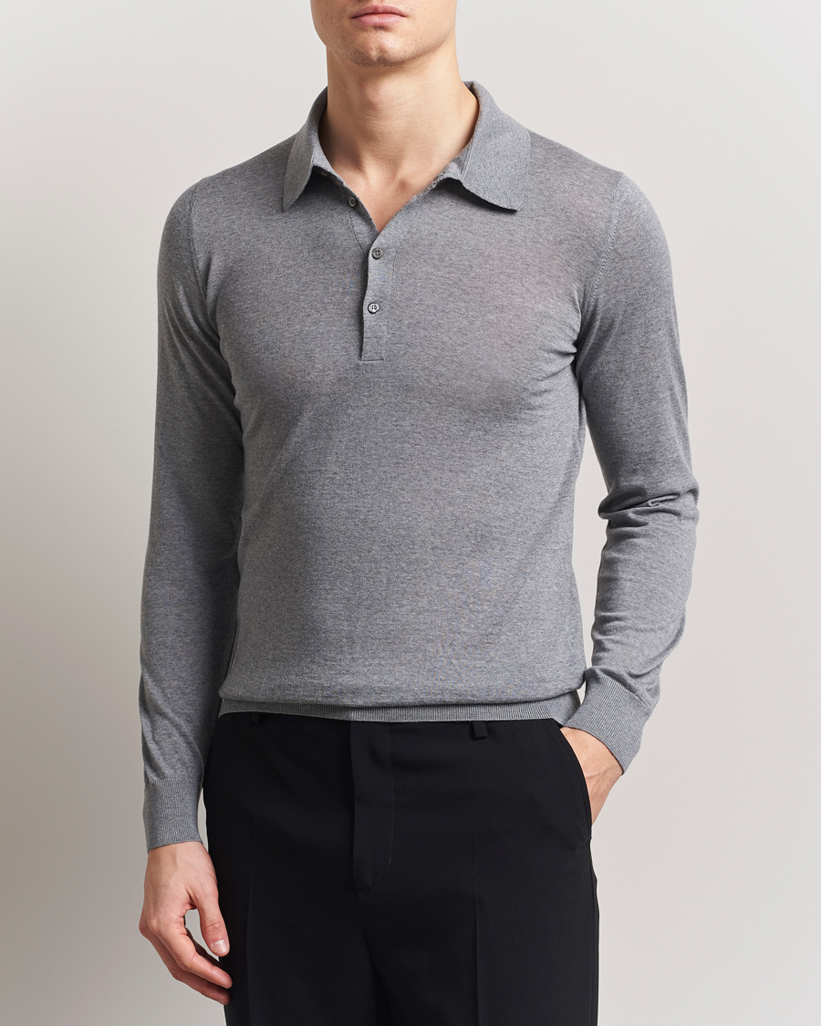 Men | Sweaters & Knitwear | Piacenza Cashmere | Merino Wool Long Sleeve Polo Light Grey