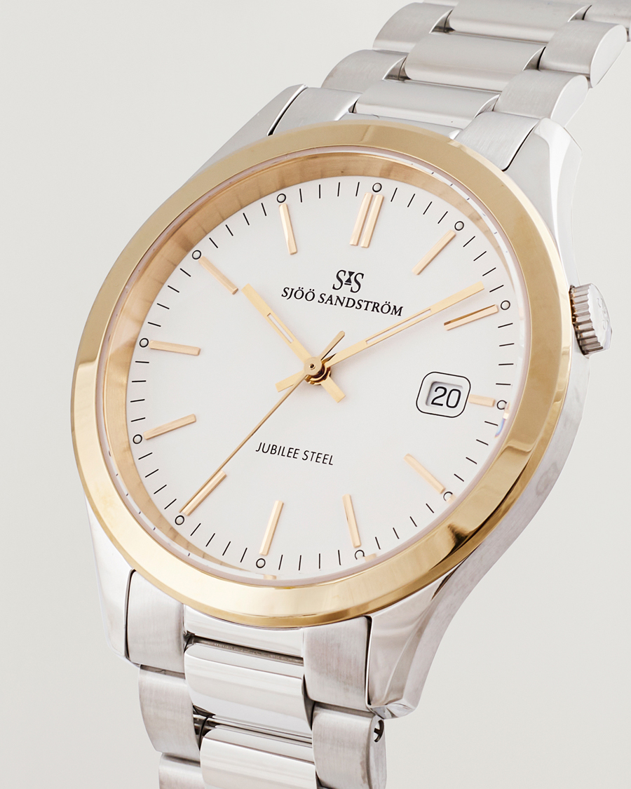 Men | Sjöö Sandström Jubilee Steel Quartz 40mm Gold Bezel White/Steel | Sjöö Sandström | Jubilee Steel Quartz 40mm Gold Bezel White/Steel