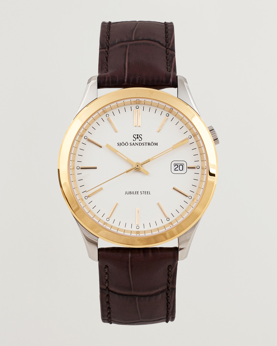 Men | Sjöö Sandström Jubilee Steel Quartz 40mm Gold Bezel White/Brown Calf | Sjöö Sandström | Jubilee Steel Quartz 40mm Gold Bezel White/Brown Calf