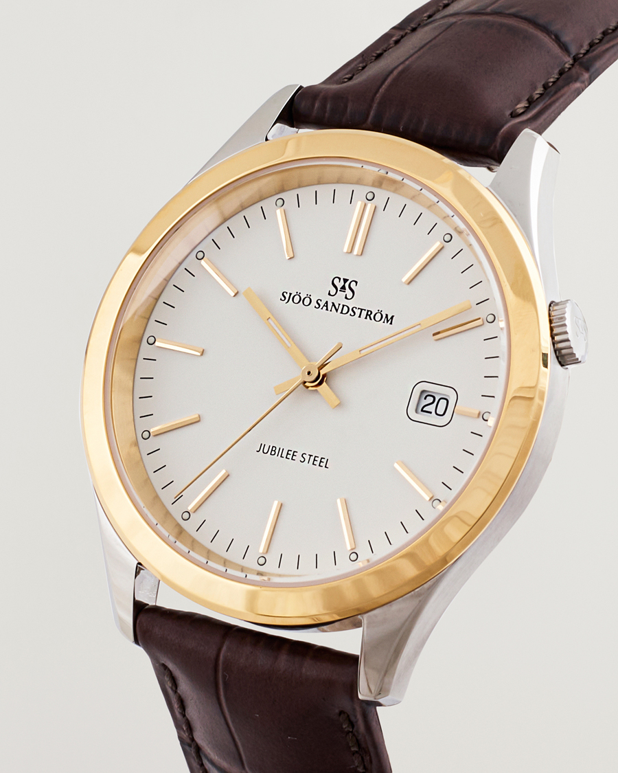 Men | Sjöö Sandström Jubilee Steel Quartz 40mm Gold Bezel White/Brown Calf | Sjöö Sandström | Jubilee Steel Quartz 40mm Gold Bezel White/Brown Calf