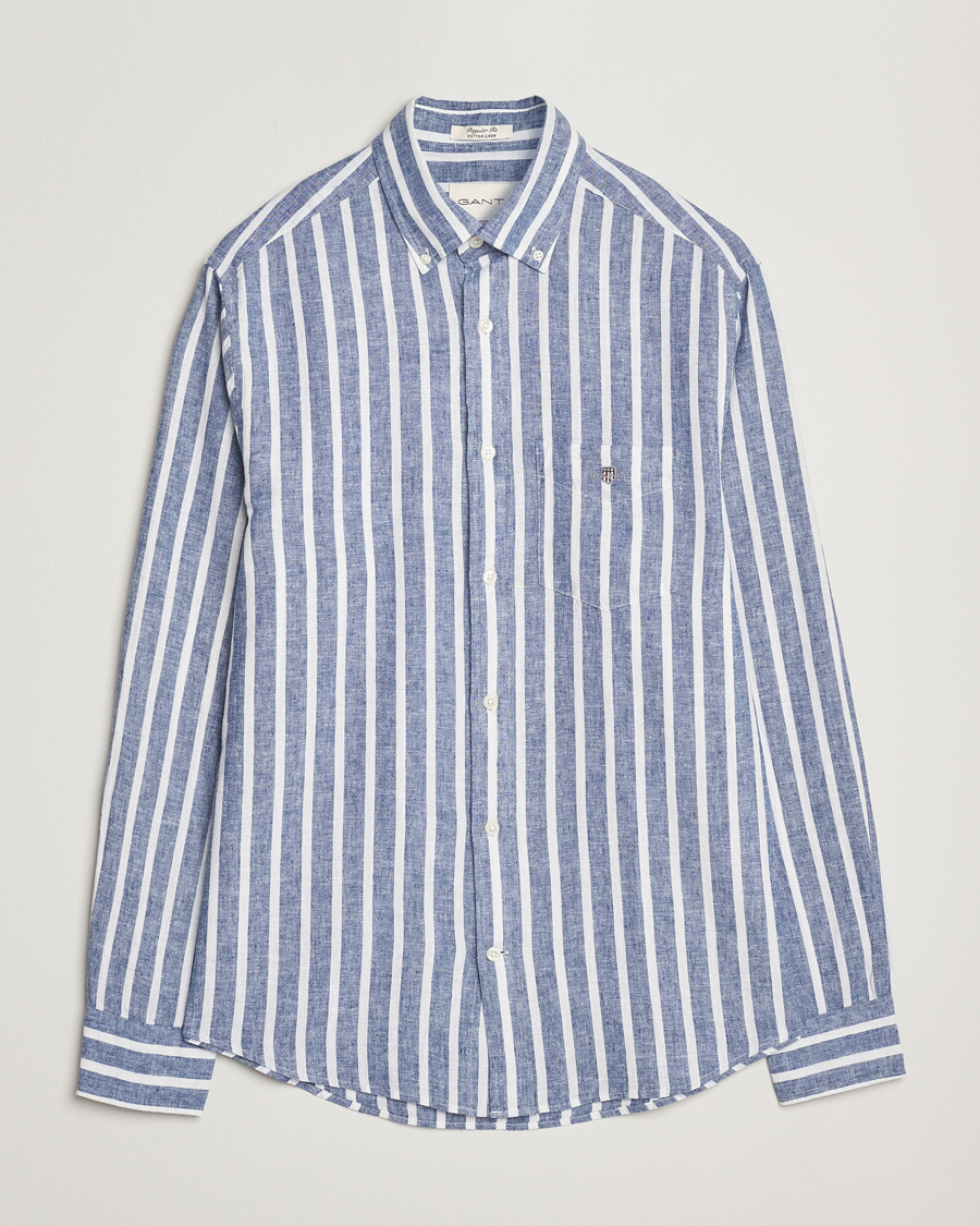 Men | Shirts | GANT | Regular Fit Cotton/Linen Striped Shirt Rich Blue