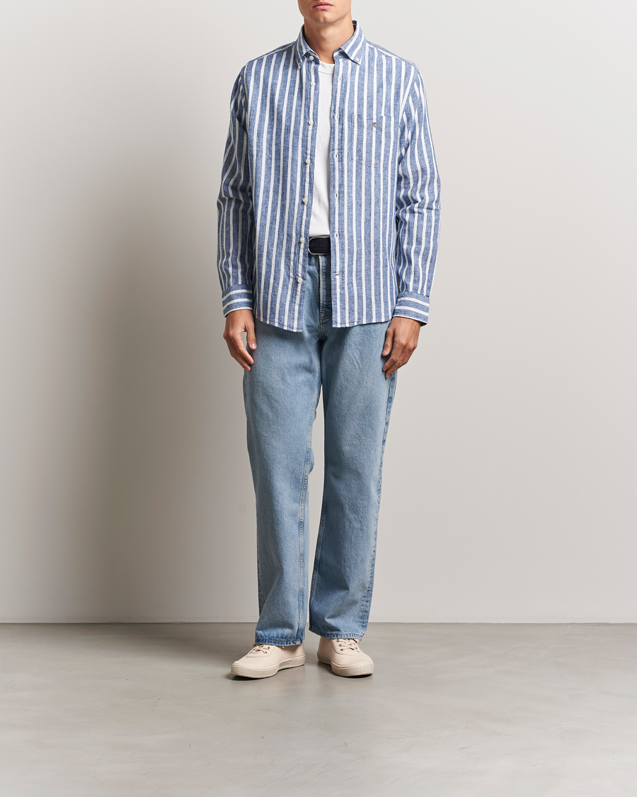 Men | Shirts | GANT | Regular Fit Cotton/Linen Striped Shirt Rich Blue