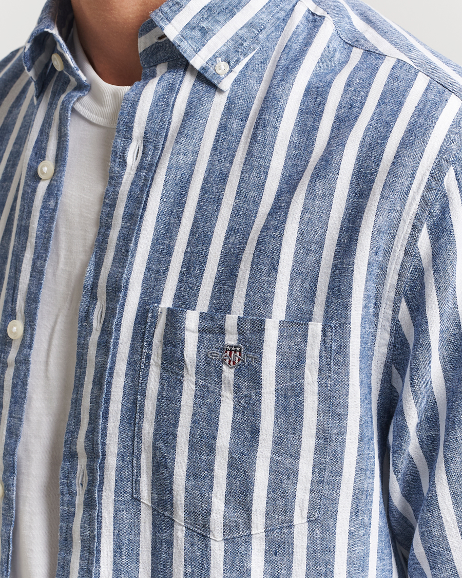 Men | Shirts | GANT | Regular Fit Cotton/Linen Striped Shirt Rich Blue