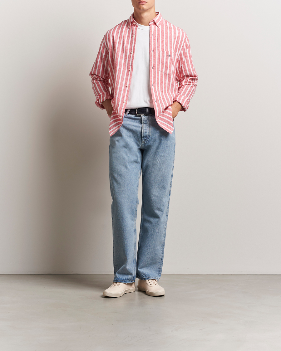 Men | Shirts | GANT | Regular Fit Cotton/Linen Striped Shirt Watermelon Red
