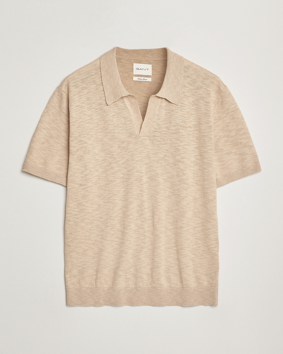 Men | Polo Shirts | GANT | Linen/Cotton Open Collar Polo Dry Sand