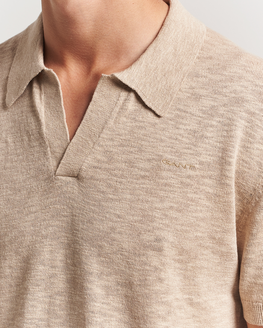 Men | Polo Shirts | GANT | Linen/Cotton Open Collar Polo Dry Sand