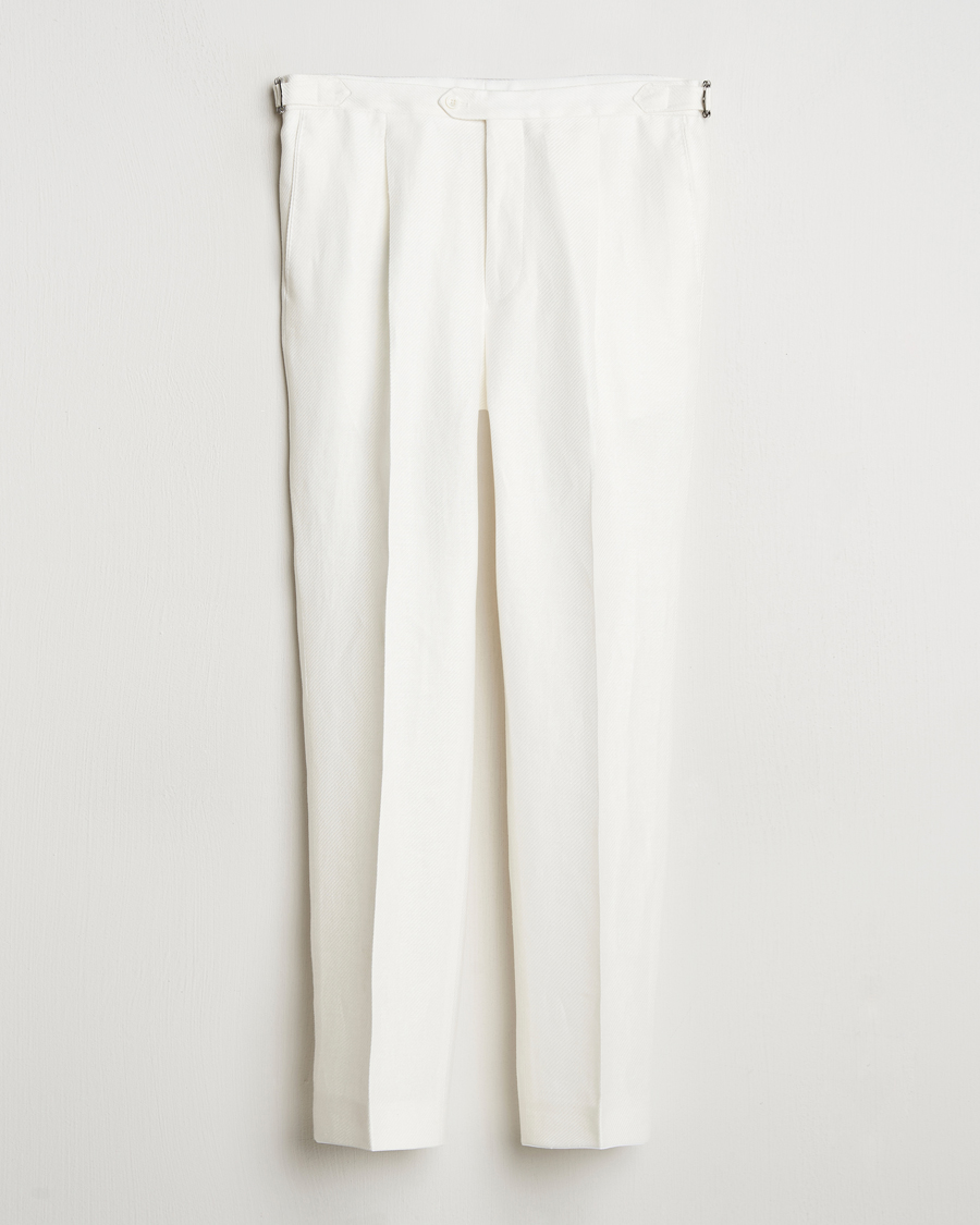 Men | Trousers | Oscar Jacobson | Delon Diagonal Linen/Tencel Trousers White