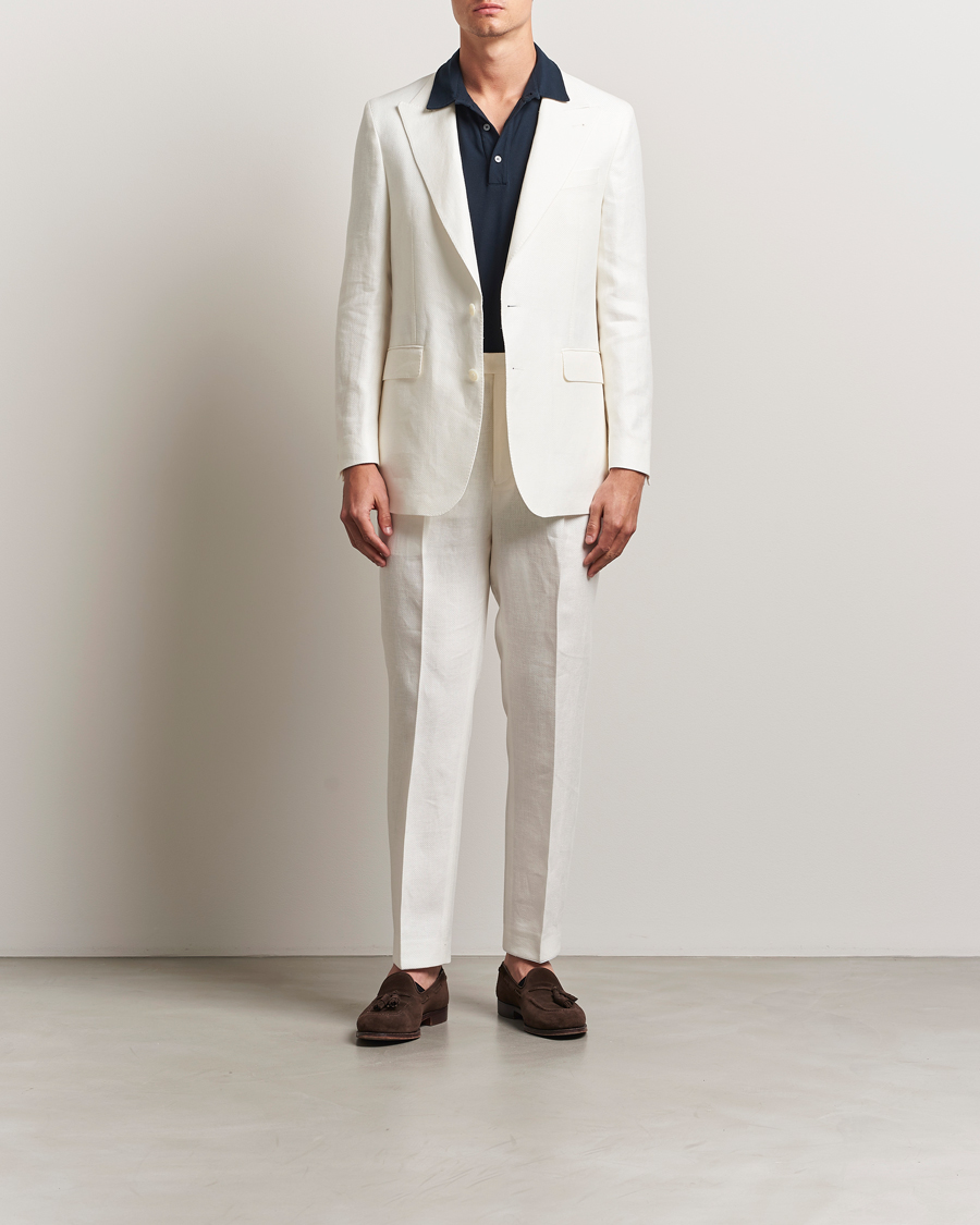 Men | Trousers | Oscar Jacobson | Delon Diagonal Linen/Tencel Trousers White
