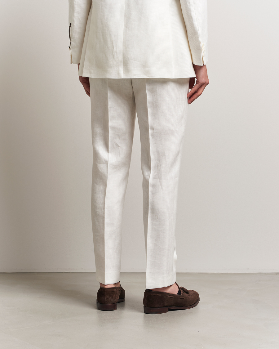 Men | Trousers | Oscar Jacobson | Delon Diagonal Linen/Tencel Trousers White