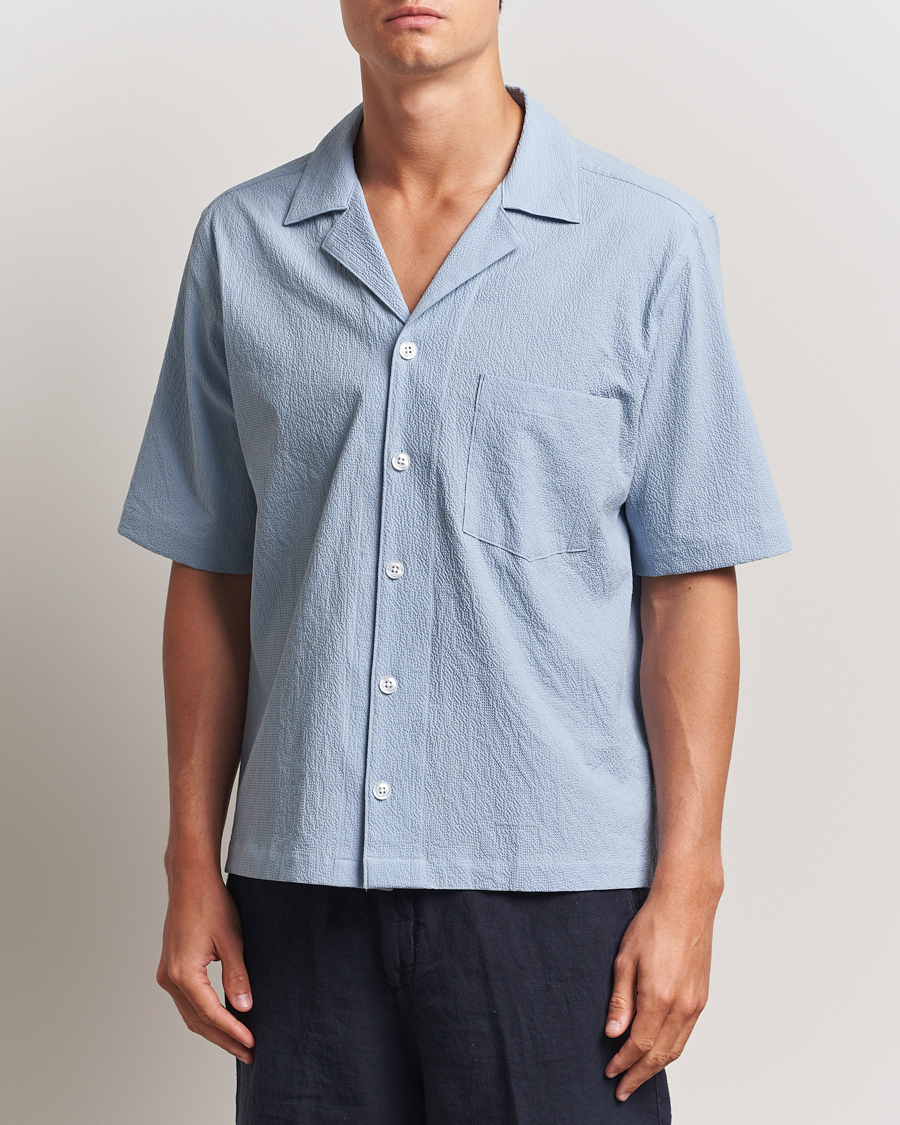 Men | Shirts | Oscar Jacobson | Reg Fit Cuba Seersucker Shirt Light Blue