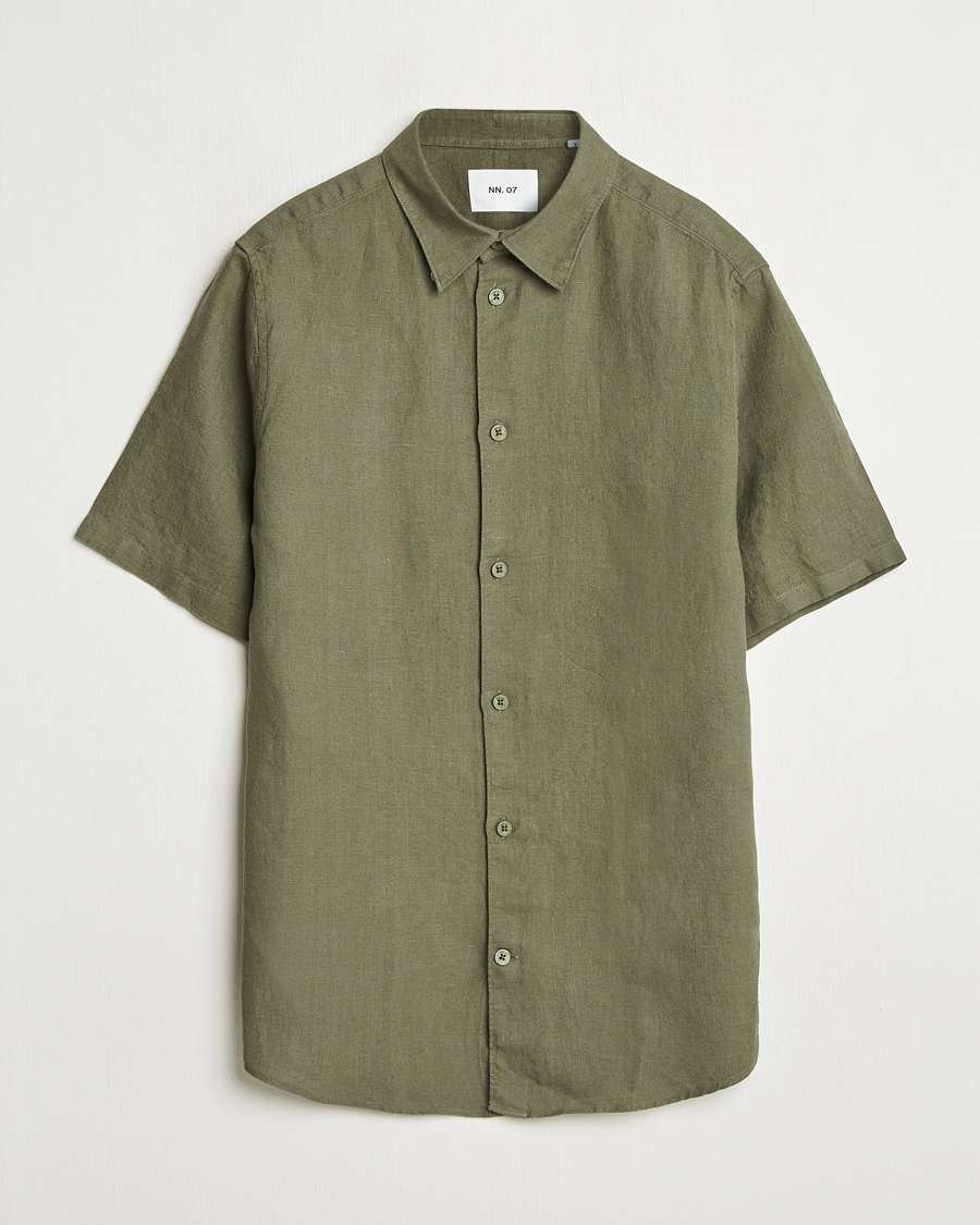 Men | Shirts | NN07 | Enzo Linen Short Sleeve Shirt Capers Green
