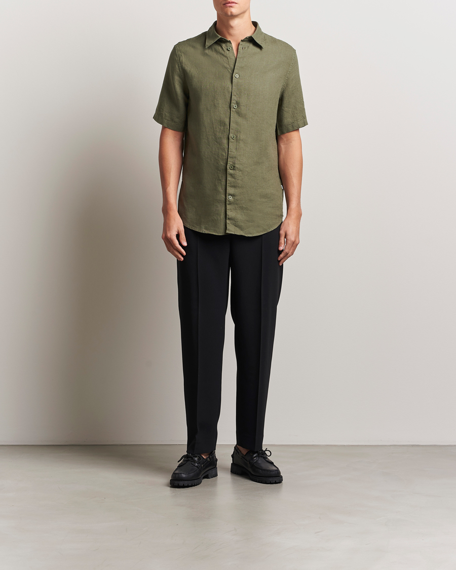 Men | Shirts | NN07 | Enzo Linen Short Sleeve Shirt Capers Green