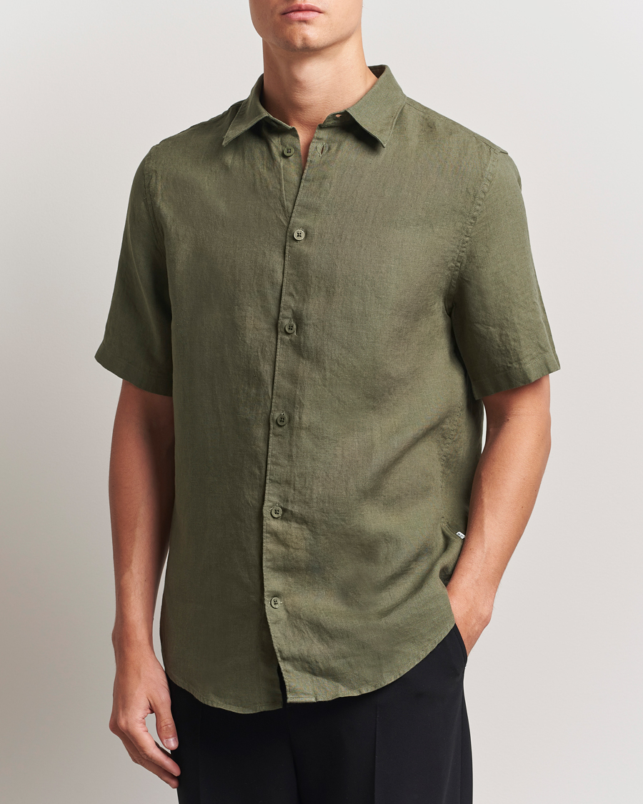 Men | Shirts | NN07 | Enzo Linen Short Sleeve Shirt Capers Green